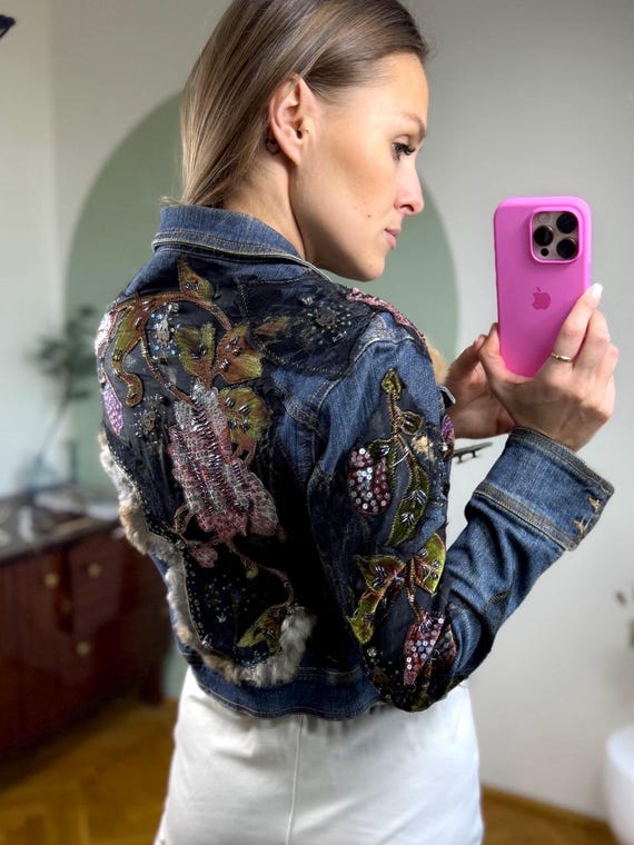 Unique Boho Denim Jacket Handmade Patchwork Sequi… - image 4