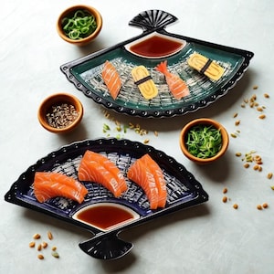 Fan-Shaped Sushi Plate with Sauce Dish | Japanese Ceramic Appetizer Tray for Sushi, Dumplings, Snacks | Restaurant or Home Serving Plate