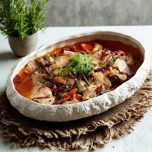 Cuenco de cerámica para servir / Plato rústico artesanal / Plato ovalado con textura de piedra para platos principales, decoración de cocina y estilismo gastronómico.