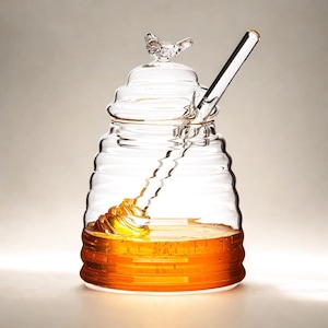 Honey Jar with Dipper – 500ml Glass Beehive Honey Pot | Syrup Container for Kitchen, Breakfast, Tea Time, Gift Idea