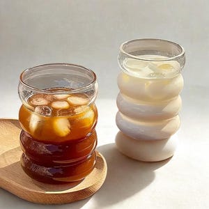Ripple Wave Glass Cup 300 ml • Iced Coffee, Cocktail & Juice Tumbler • Vintage Aesthetic Borosilicate Drinkware Set