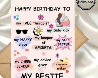 親友の誕生日カード：印刷可能なグリーティングカード（5 x 7インチ）（デジタルダウンロード）