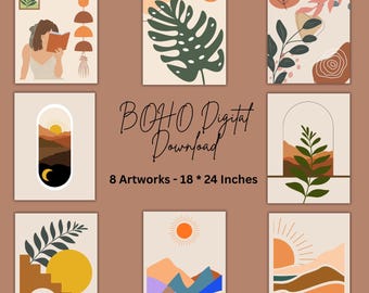 BOHOアート デジタルダウンロード | 部屋、寮、女性、ティーン向けの美しい作品。8枚のデジタルプリント | カットマーク付きで簡単 | 温かさと安らぎを演出