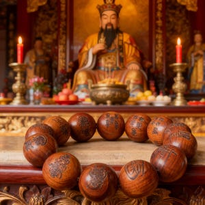 May include: A wooden prayer bead bracelet with engraved characters, arranged in a circle. The beads are on a wooden surface. In the background, a religious shrine with a seated figure and candles.