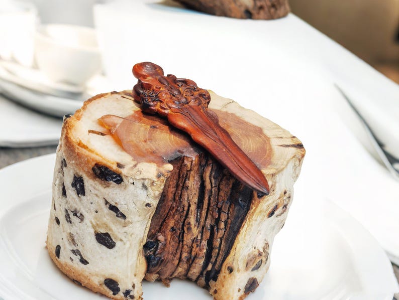 May include: A wooden log cake with a brown wooden carving on top. The cake is on a white plate.