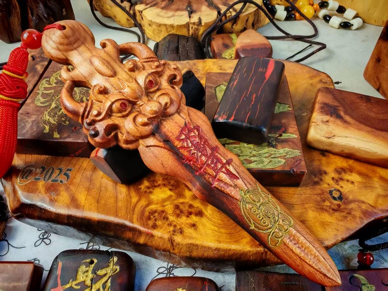 May include: A carved wooden dagger with a dragon head handle and intricate designs. The dagger is light brown with red and gold accents. Other wooden items are in the background, including a red tassel and a wooden box with the text "@2025".