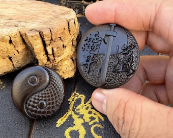 Pingente de Tai Chi Chuan de madeira Jujuba feito à mão com raio, amuleto tradicional taoísta Baguá, amuleto de proteção com símbolo secreto Ziwei, espiritual