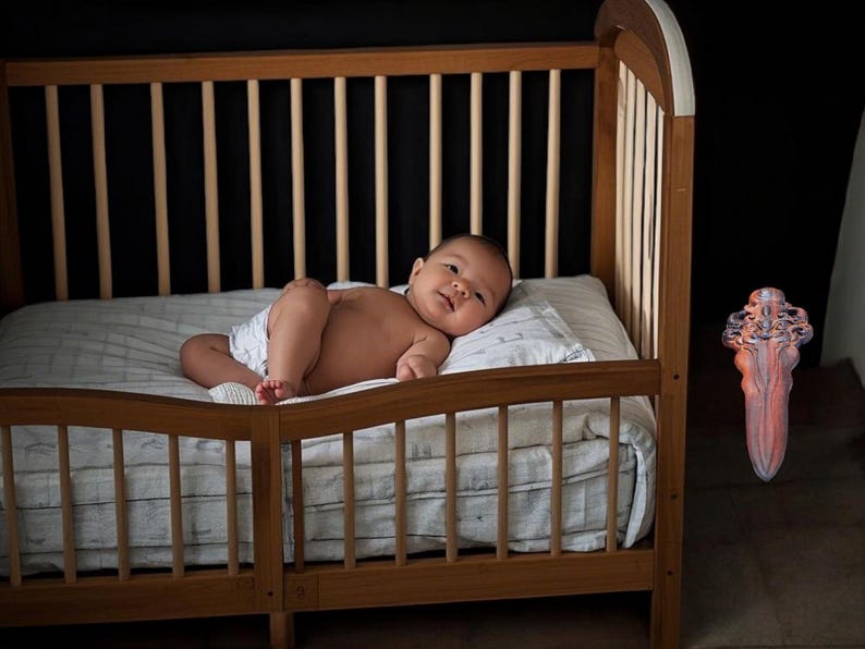May include: A baby lying in a wooden crib with white bedding. The baby is wearing a diaper and has a relaxed expression.