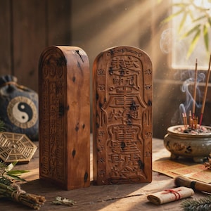Op de afbeelding: Twee rechthoekige houten platen met afgeronde bovenkanten, voorzien van ingewikkeld uitgesneden Chinese karakters op hun oppervlak. Het hout vertoont een natuurlijke nerf met donkere knoesten. De platen staan rechtop en tonen gedetailleerde reliëfsnijwerken van traditioneel schrift.