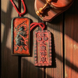 May include: Two red rectangular pendants with intricate carvings and red cords hang against a wooden background. One pendant depicts a warrior figure, the other features Chinese characters. A wooden object with a gold handle is also visible.