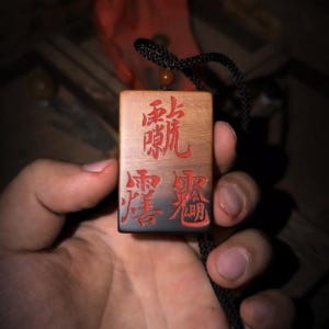 Könnte beinhalten: Rechteckiger Holzanhänger mit roten chinesischen Schriftzeichen, an einer schwarzen Kordel befestigt. Der Anhänger hat einen Farbverlauf von hellbraun nach schwarz. Die Zeichen sind geschnitzt und rot bemalt.
