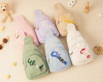 Bolso bandolera personalizado con nombre para niño pequeño, minibolso bandolera de pana suave, regalo de Navidad para niños y niñas.