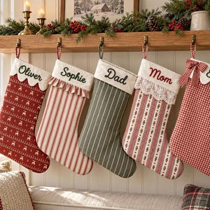 Personalised Christmas Stocking, Custom Yarn Name, Red Gingham, Red Stripe, Green Gingham