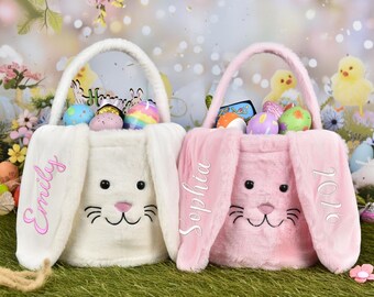 Personalized Plush Easter Basket,Embroidered Easter Bucket,Bunny Basket with Name,Custom Easter Bag,Easter Gift for Kids Girls Boys