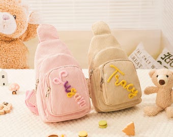 Bolso bandolera personalizado con nombre para niño pequeño, minibolso bandolera de pana suave, regalo de Navidad para niños y niñas.