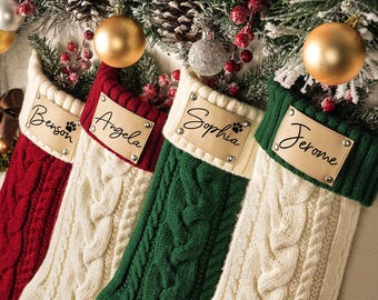2026 Knitted Christmas Stocking With Name Tag: Engraved Leather Patch, Family Stockings, Xmas Holiday Decor