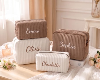 Custom Velvet Makeup Bag, Personalized Embroidered Cosmetic Pouch, Travel Toiletry Bag, Bridesmaid Gifts