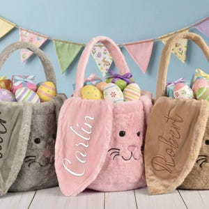 Personalized Plush Bunny Easter Basket, Embroidered Egg Hunt Bucket