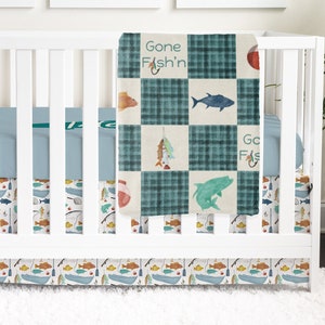 Gone Fishing Crib Bedding, Baby Boy Nursery Set, Bass Fishing, Plaid Baby Bedding, Personalized Crib Sheet, Crib Skirt, Baby Blanket