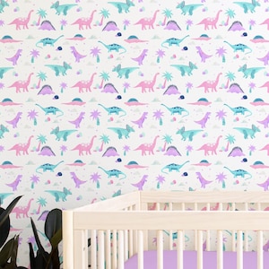 Dino Girl Wallpaper, Nursery Wallpaper, Removable Wallpaper, Peel Stick, Toddler Room Decor, Baby Girl, Dinosaur Crib Bedding, Dino Girl