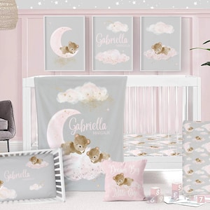 Baby Girl Crib Bedding Set, Teddy Bear Nursery Decor, Moon and Stars Baby Bedding, Pink and Gray, Crib Sheet, Changing Pad Cover, Clouds