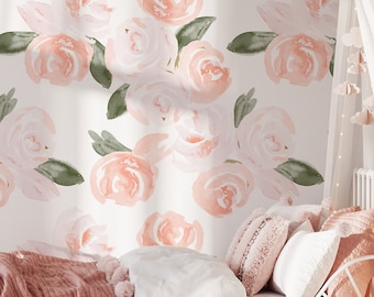 Peel and Stick Blush Carta da parati floreale, Fard rosa, Acquerello, Grande murale floreale, Carta da parati vivaio, Arredamento camera bambino, Arredamento camera ragazze