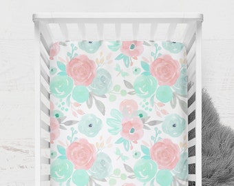 Crib Sheet, Changing Pad Cover, Baby Blanket, Floral Nursery, Baby Girl, Watercolor Flowers, Baby Shower Gift, Mint, Coral, Salmon