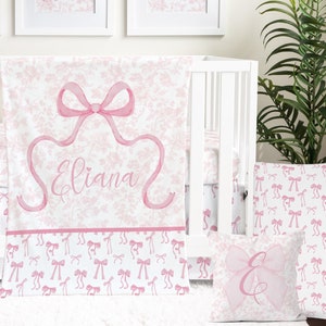 Pink Bow Baby Girl Crib Bedding Set for your Coquette Nursery | Preppy Pink Bows, Pink Toile, and Fancy Nursery Decor
