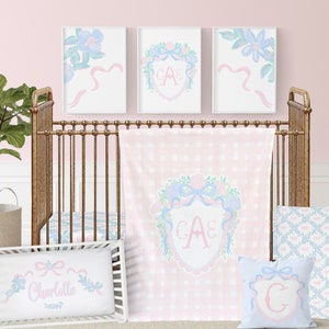 Pink Plaid Baby Crib Bedding Set: Monogrammed Crest, Bows, Grandmillennial Nursery Decor