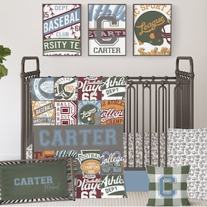 Vintage Sports Themed Baby Boy Crib Bedding Set with Basketball, Baseball, and Football | Crib Sheet, Baby Blanket, Crib Skirt