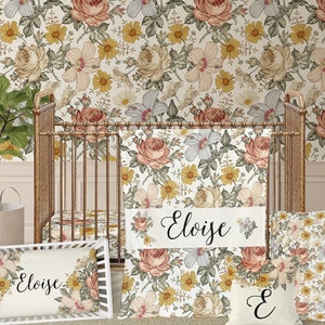 Vintage Floral Crib Bedding Set, Earthy Floral Nursery Decor, Rust, Peach, Ivory, Crib Sheet, Nursery Pillow, Baby Girl Gift, Crib Skirt