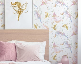 Pink, Purple, and Gold Pastel Fairy Peel and Stick Wallpaper for your Girls Room, Teen Bedroom, or Baby Girl Nursery