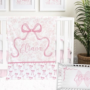 Coquette Bow Baby Girl Crib Bedding Set for your Grandmillennial Nursery | Preppy Pink Bows, Pink Toile, and Fancy Nursery Decor