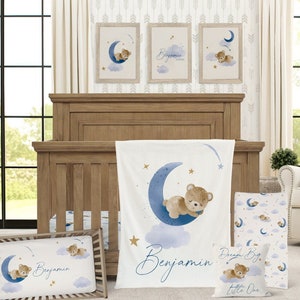 Teddy Bear Crib Bedding for Baby Boy Nursery, Moon and Stars Baby Bedding, Boy Nursery Decor, Boy Baby Shower Gift, Crib Sheet, Pillow, Navy