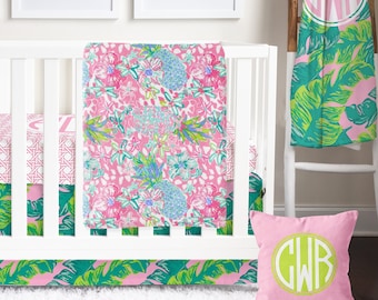 Tropical Baby Girl Crib Bedding Set: Pink Palm Leaves & Pineapple
