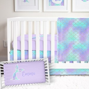 Mermaid Baby Girl Nursery, Mermaid Scale Crib Bedding Set, Purple and Teal, Personalized Crib Sheet, Baby Blanket, Changing Pad Cover