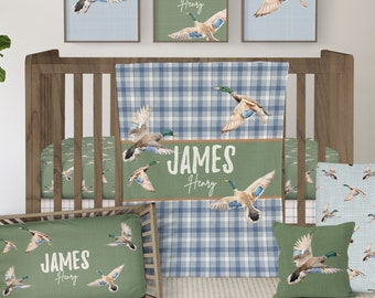 Duck Hunting Crib Bedding Set for your Baby Boy Nursery, Woodland Nursery Decor, Mallard Baby Bedding, Blue Plaid, Baby Shower Gift
