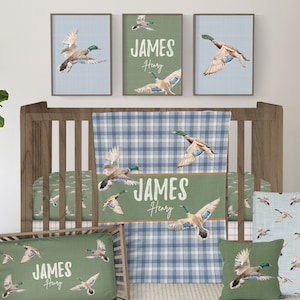 Duck Hunting Crib Bedding Set for your Baby Boy Nursery, Woodland Nursery Decor, Mallard Baby Bedding, Blue Plaid, Baby Shower Gift