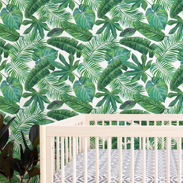 Removable Wallpaper, Tropical, Palm Leaf, Banana Leaf, Safari, Nursery Wallpaper, Jungle, Boy Nursery, Green, Peel and Stick