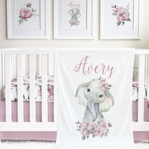 Floral Girl Crib Bedding, Elephant Baby Bedding Set, Peony, Pink, Mauve, Dusty Rose, Personalized Baby Blanket, Girl Nursery, Crib Sheet