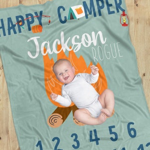 Manta de acampada para bebé niño, meses, personalizada, Great Outdoors Baby Nursery, manta para recién nacido, ropa de cama para cuna de niño, Happy Camper