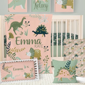 Baby Girl Crib Bedding Set Girl Dinosaur Nursery Decor Pink Dino