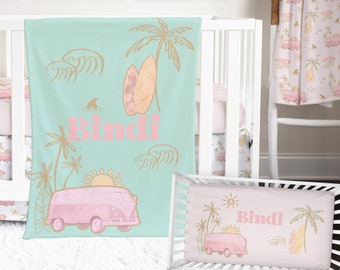 Boho Surfer Baby Bedding for Ocean Baby Girl Nursery | Surfer Van and Palm Tree in Pink and Aqua | Personalized Nursery Decor