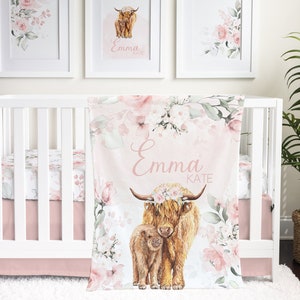 Baby Girl Crib Bedding Set, Highland Cow Nursery Decor, Floral Baby Bedding, Pink Girl Nursery, Personalized Minky Blanket, Western Nursery