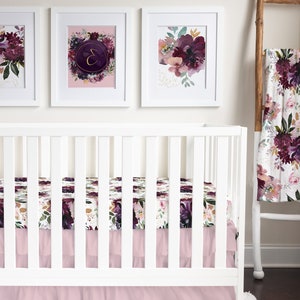 Pink Crib Bedding Set, Crib Bedding Set for Girl, Blush Nursery Bedding, Red, Burgundy, Floral Crib Sheet, Boho Nursery Decor, Changing Pad