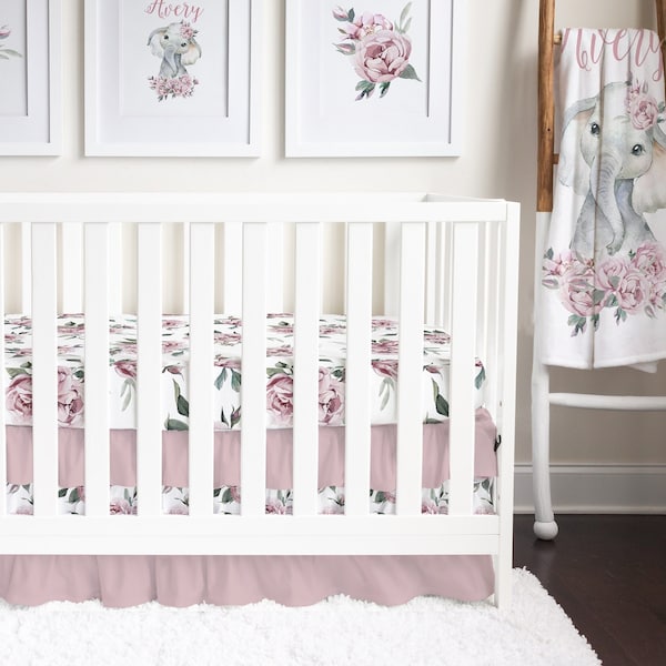 Mauve Floral Crib Bedding Set with Floral Crib Sheet, Elephant Baby Blanket, and Ruffled Crib Skirt for your Baby Girl Nursery Decor