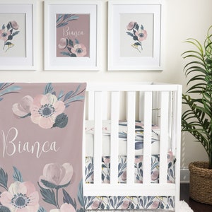 Mauve Floral Crib Bedding Set for Baby Girl Nursery, Purple Baby Bedding, Moody Floral Crib Set, Blush Pink, Personalize Baby Blanket