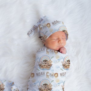 Noah's Ark Swaddle Blanket with Beanie, Personalized Bible Baby Gift, Knit Blanket, Baby Boy Crib Bedding, Watercolor Nursery, Baby Bedding