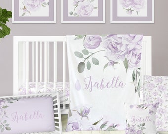 Purple Floral Crib Bedding Set, Girl Nursery Decor, Lavender, Lilac, Crib Sheet, Girl Shower Gift, Baby Swaddle, Nursery Pillow, Wall Art
