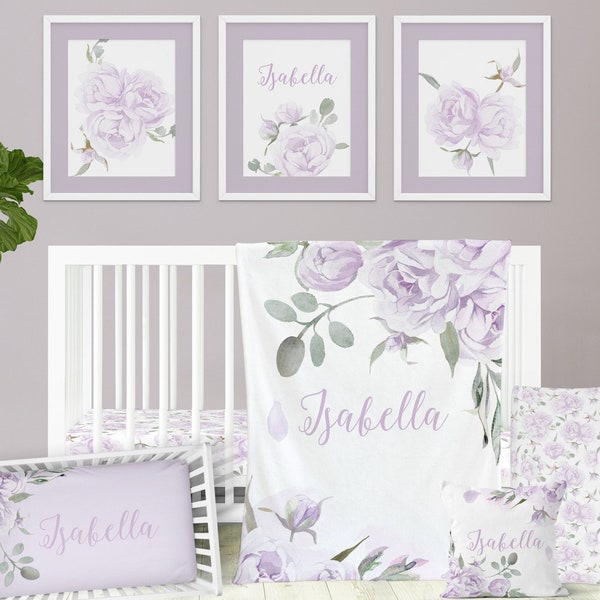 Purple Floral Crib Bedding Set, Girl Nursery Decor, Lavender, Lilac, Crib Sheet, Girl Shower Gift, Baby Swaddle, Nursery Pillow, Wall Art